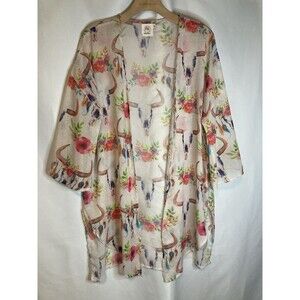 Grace & Emma Coverup Cardigan Boho Western Longhorn M/L Sheer Skull Coastal Vaca
